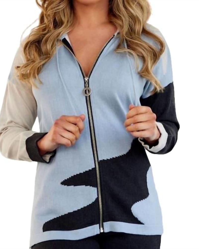 Front of a model wearing a size XL Color Block Zip Hoodie in Camo Combo in Camo Combo by ANGEL. | dia_product_style_image_id:327334